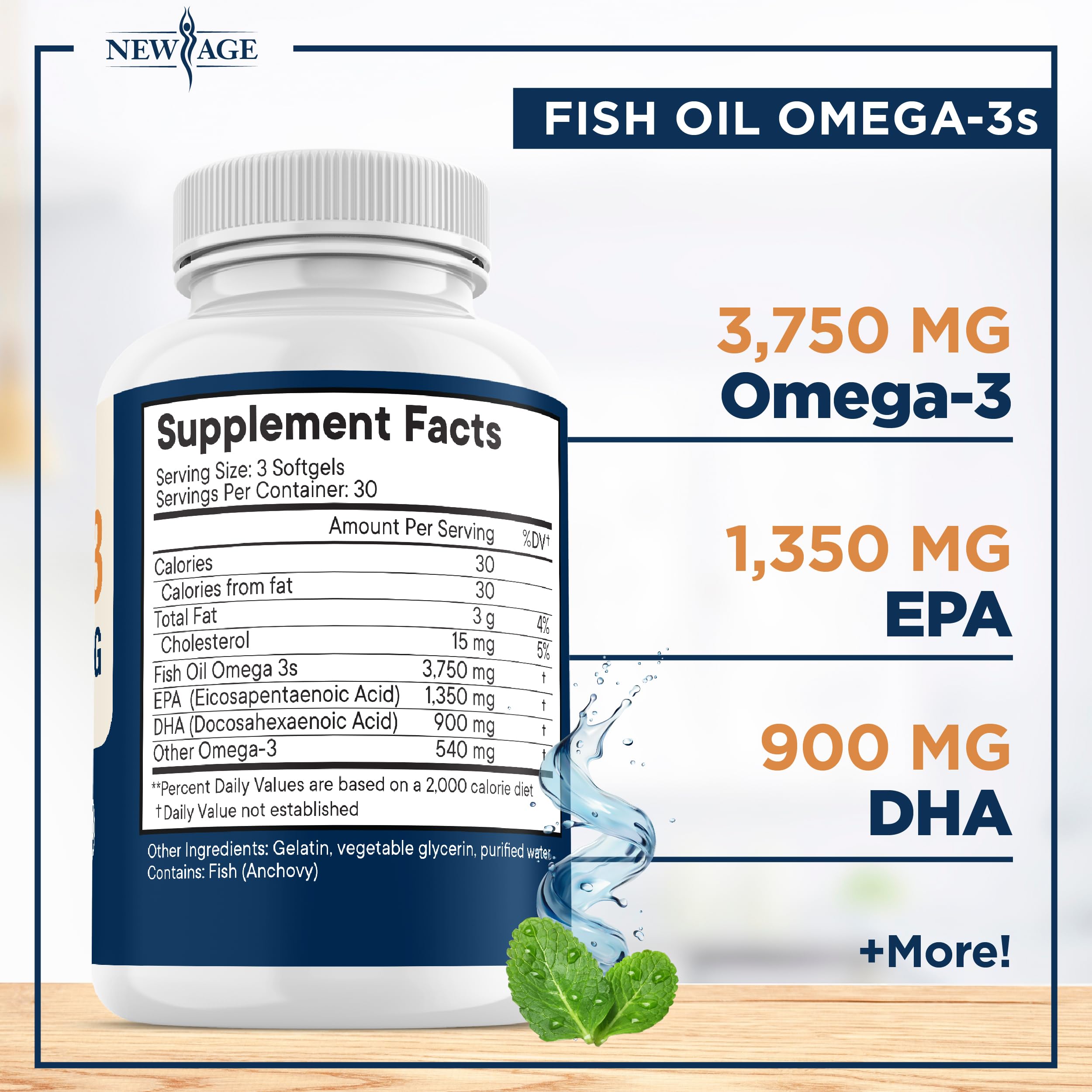 New Age Triple Strength Omega-3 softgels close-up highlighting high EPA and DHA.