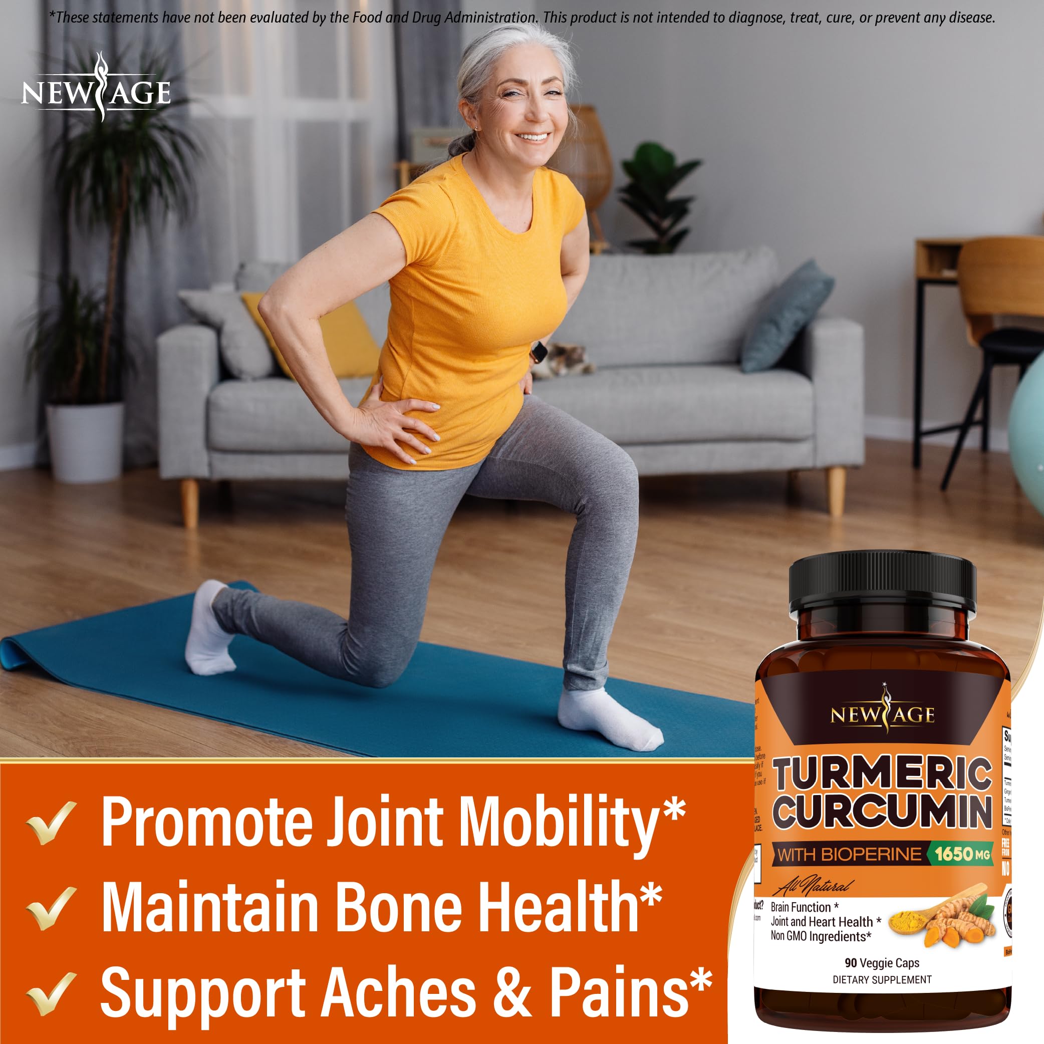 NEW AGE Turmeric capsules bottle closeup showing label and dosage convenience