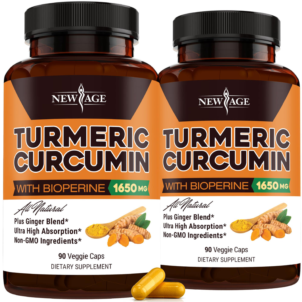 NEW AGE Turmeric capsules bottle front highlighting standardized curcuminoids for daily support