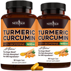 NEW AGE Turmeric capsules bottle front highlighting standardized curcuminoids for daily support