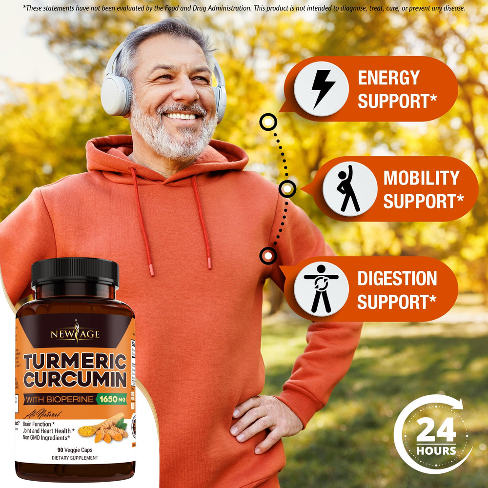 NEW AGE Turmeric capsules label closeup emphasizing clean ingredients