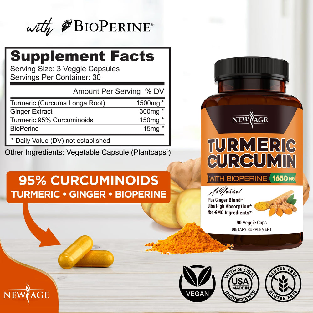 NEW AGE Turmeric capsules pack two bottles on display, non-GMO and gluten-free