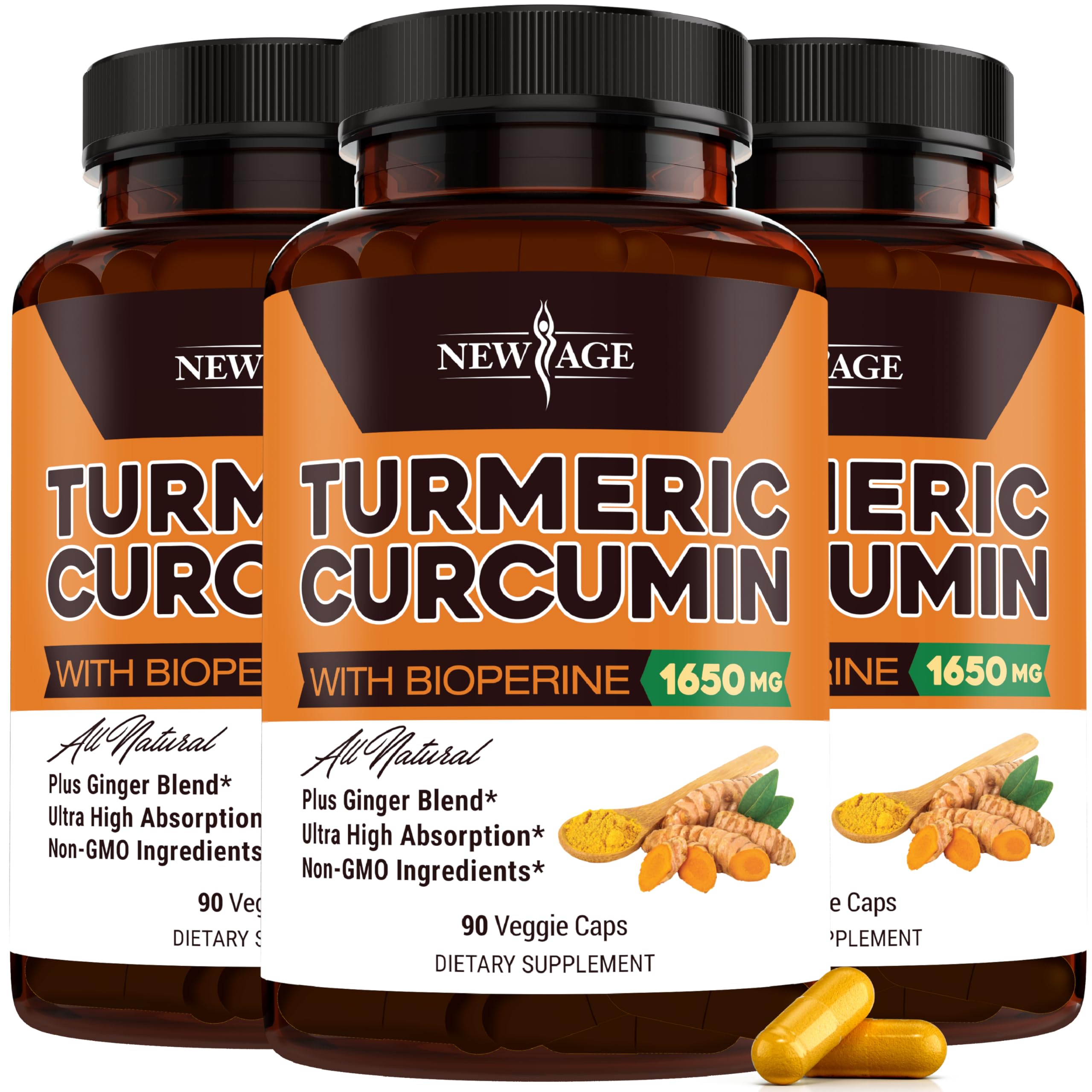 NEW AGE Turmeric Curcumin bottle front with clear label for easy shopping