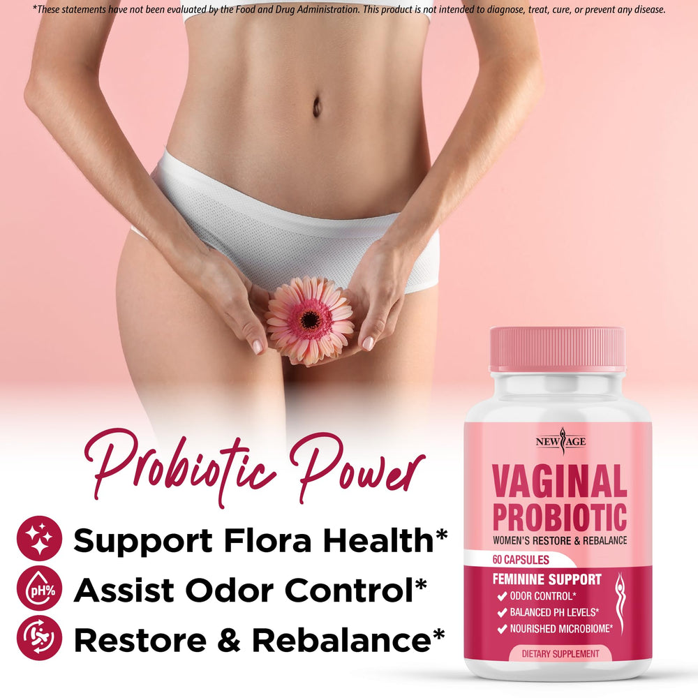NEW AGE Vaginal Probiotics 60-day supply bottle displayed for extended use.