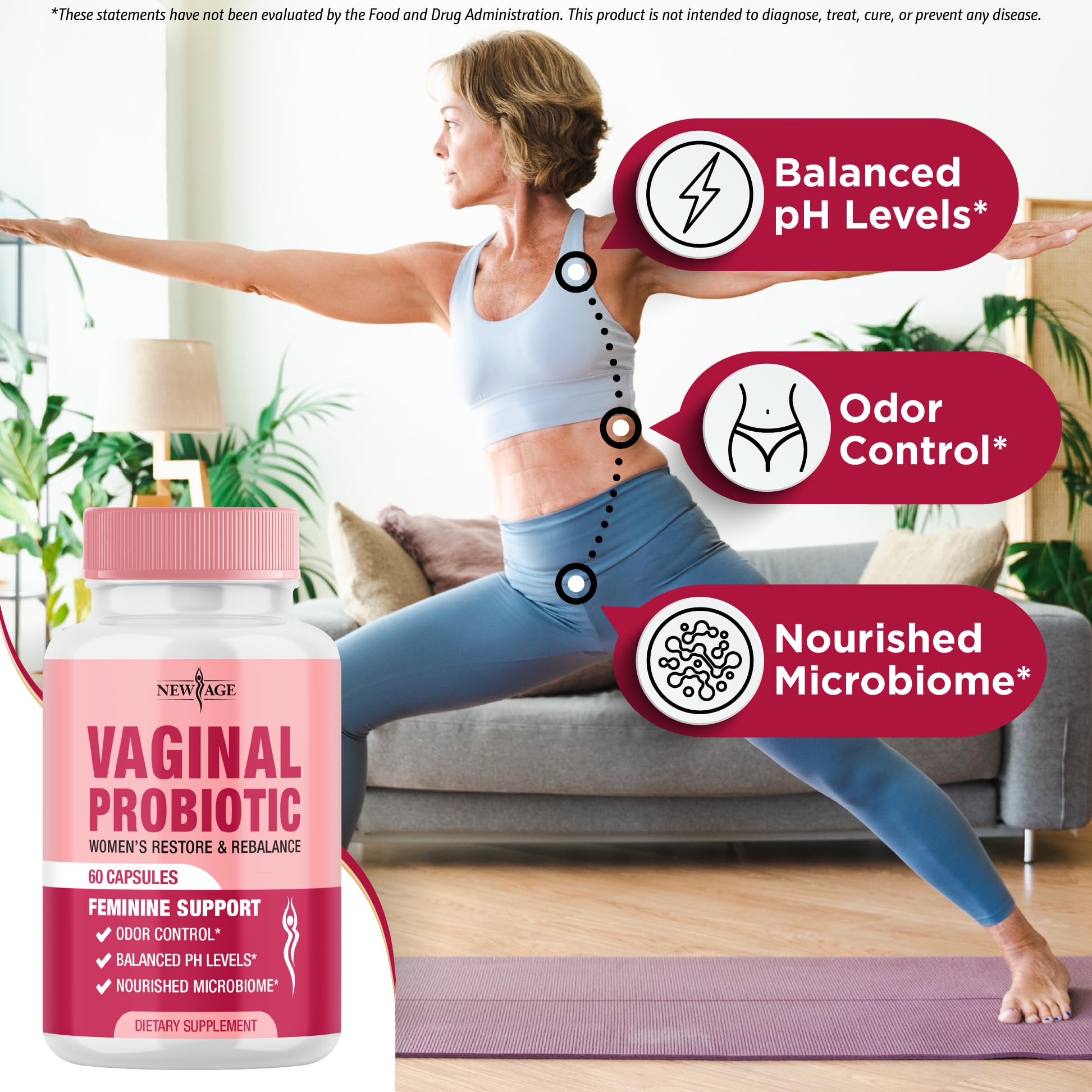 NEW AGE Vaginal Probiotics lactobacillus blend close-up emphasizing pH-friendly formula.
