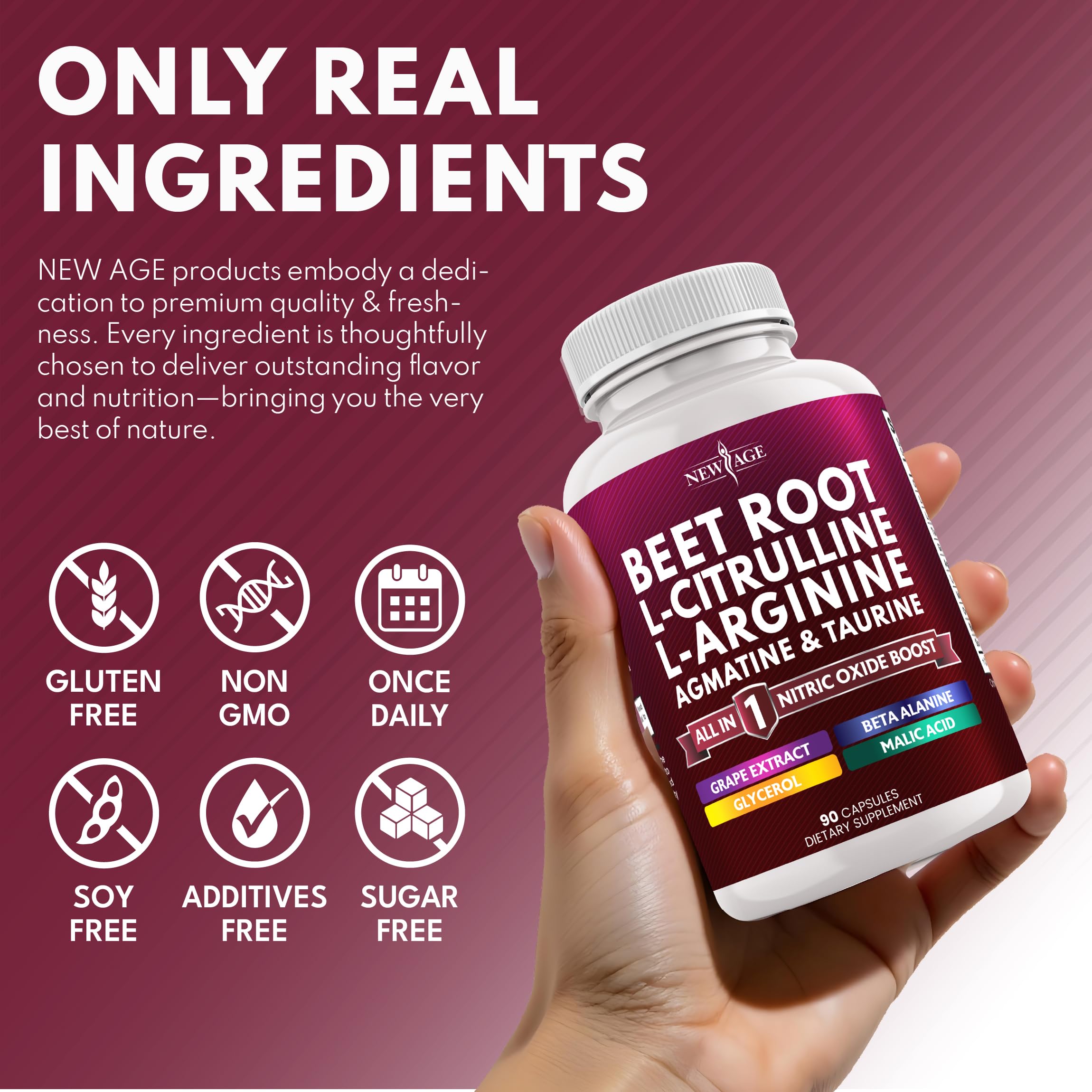 NEW AGE Vegan capsules in close-up with USA-made facility badge for quality.