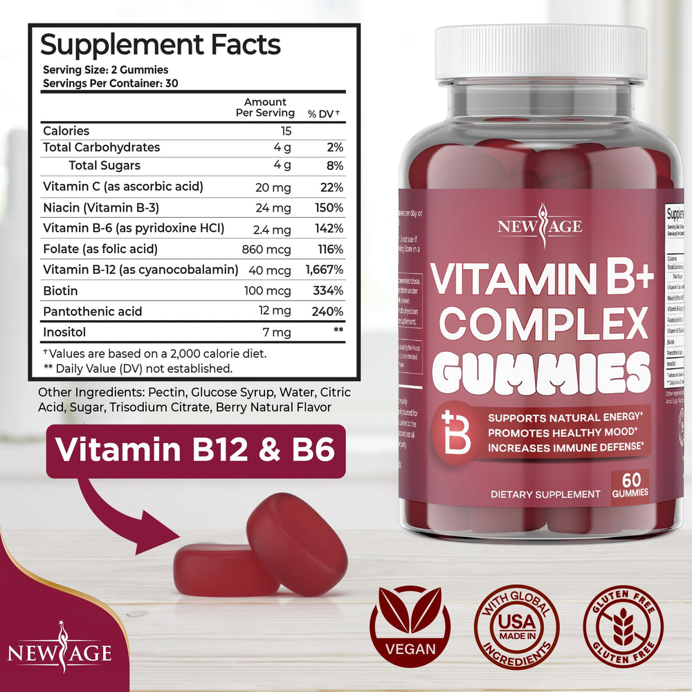 New Age Vitamin B Complex Gummies label highlights vegan and gluten-free formula