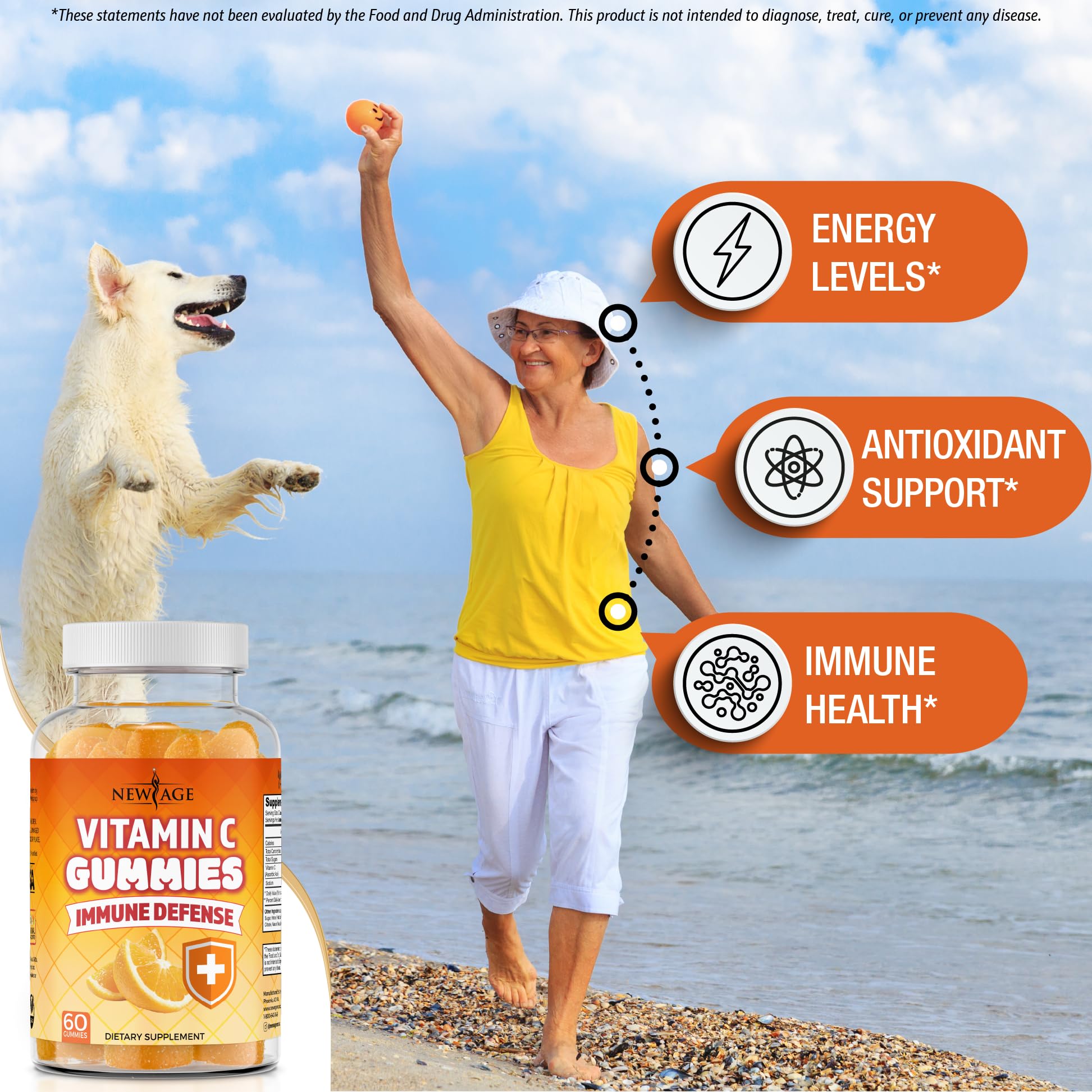 Close-up of NEW AGE Vitamin C Gummies highlighting the orange flavor.
