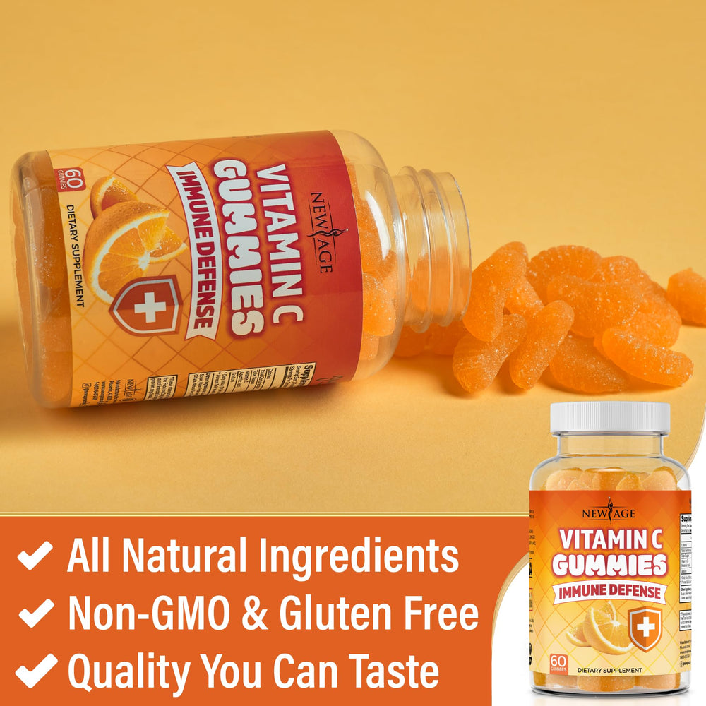 Packaging display of NEW AGE Vitamin C Gummies with 120-count bottle.