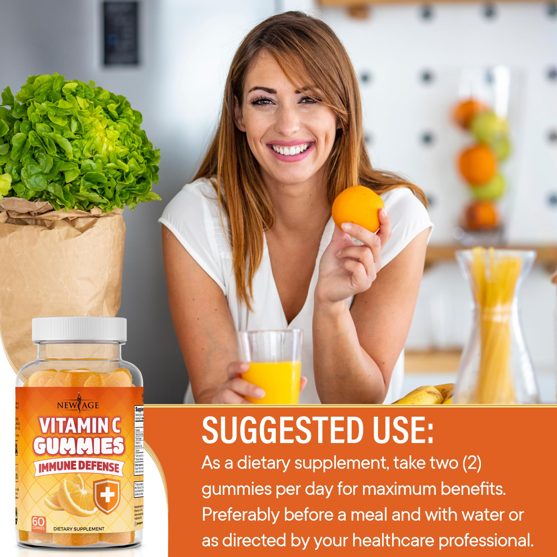 Serving size note for NEW AGE Vitamin C Gummies on the packaging.