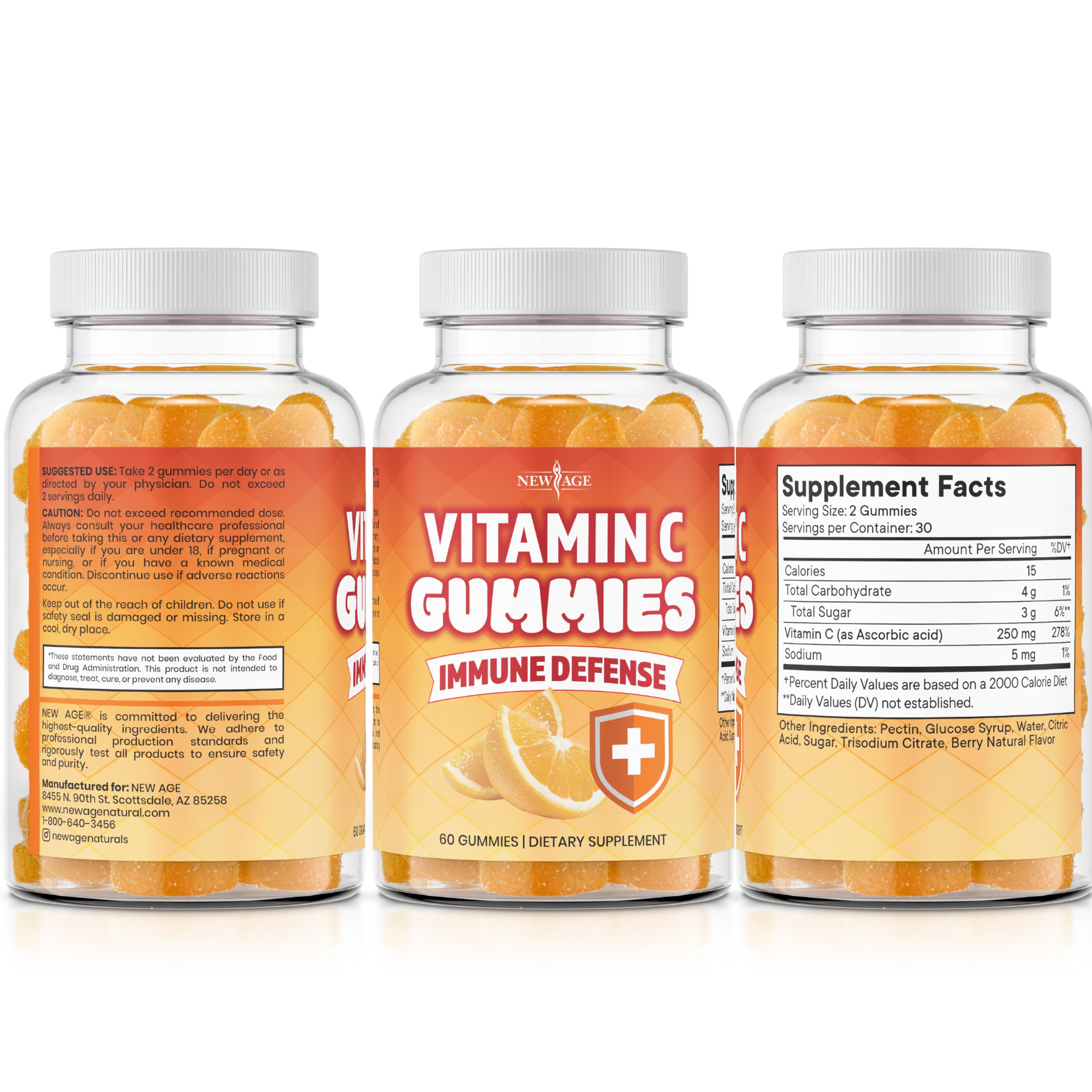 Travel-friendly bottle of NEW AGE Vitamin C Gummies for on-the-go.