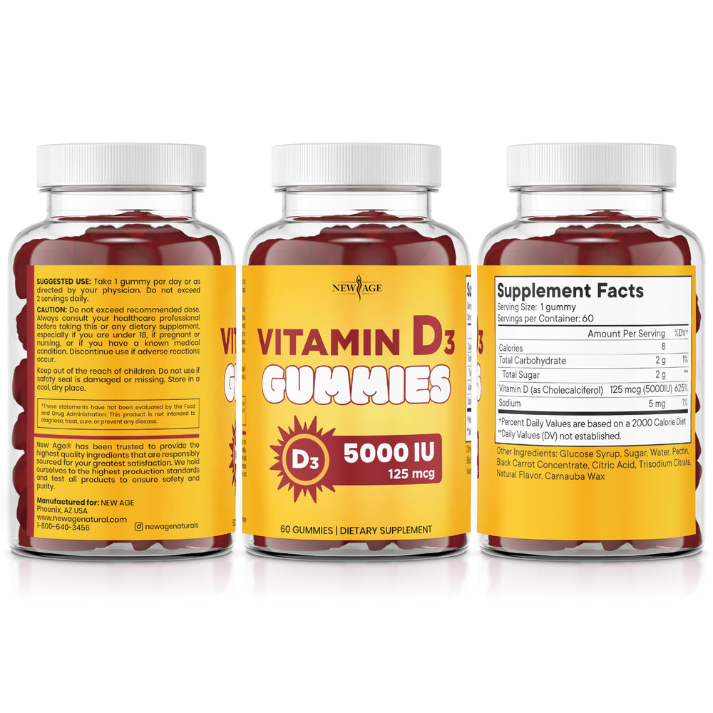 NEW AGE Vitamin D3 gummies made-in-usa badge on bottle front invites trust