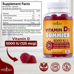 New Age Vitamin D3 gummies bottle back with ingredient list and purity details