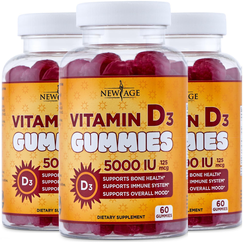 New Age Vitamin D3 gummies bottle front showing non-GMO and gluten-free formula