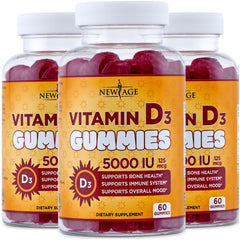 New Age Vitamin D3 gummies bottle front showing non-GMO and gluten-free formula