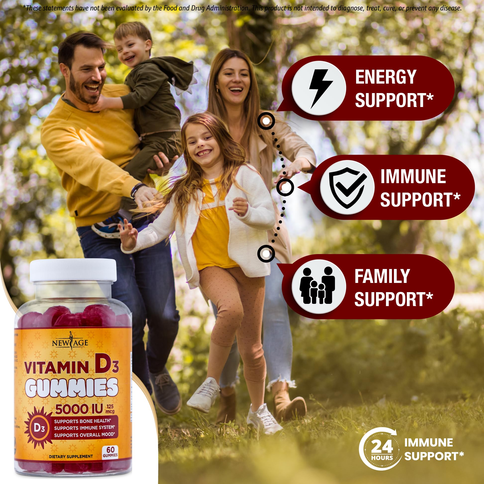 New Age Vitamin D3 gummies label closeup highlighting ingredients and claims