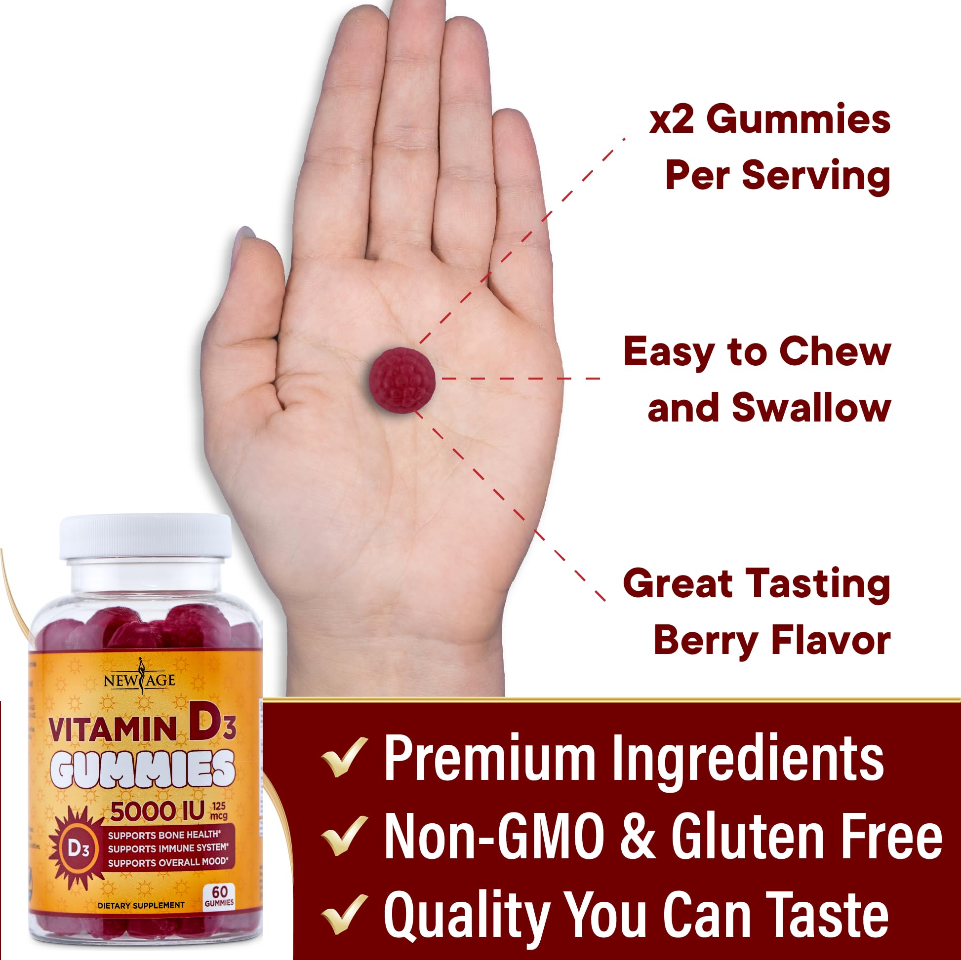 New Age Vitamin D3 gummies pack of 3 bottles displayed on countertop