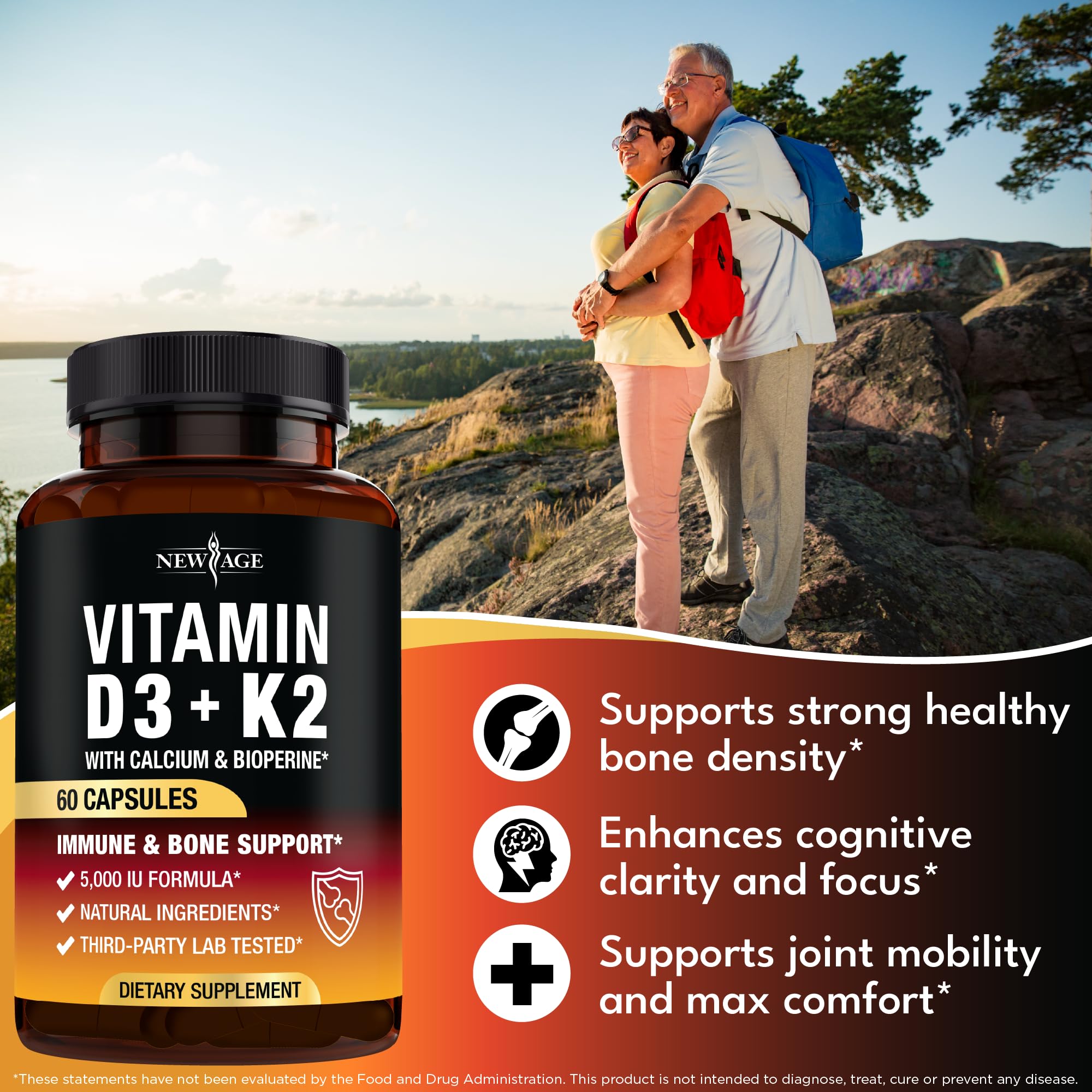 NEW AGE Vitamin D3 K2 label close-up highlighting D3 and K2 MK-7 details.
