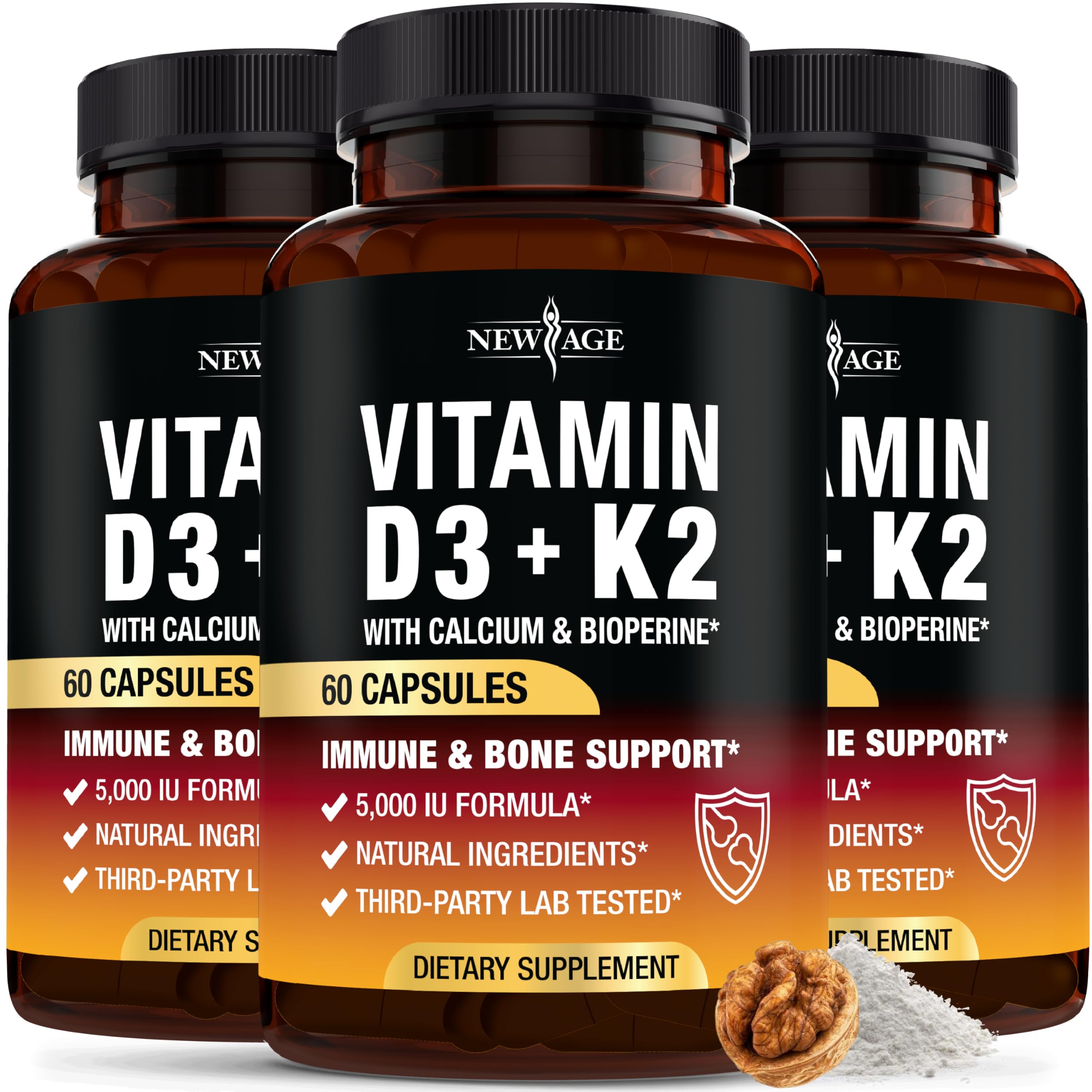 NEW AGE Vitamin D3 K2 bottle showing 2-in-1 bone and immune support.