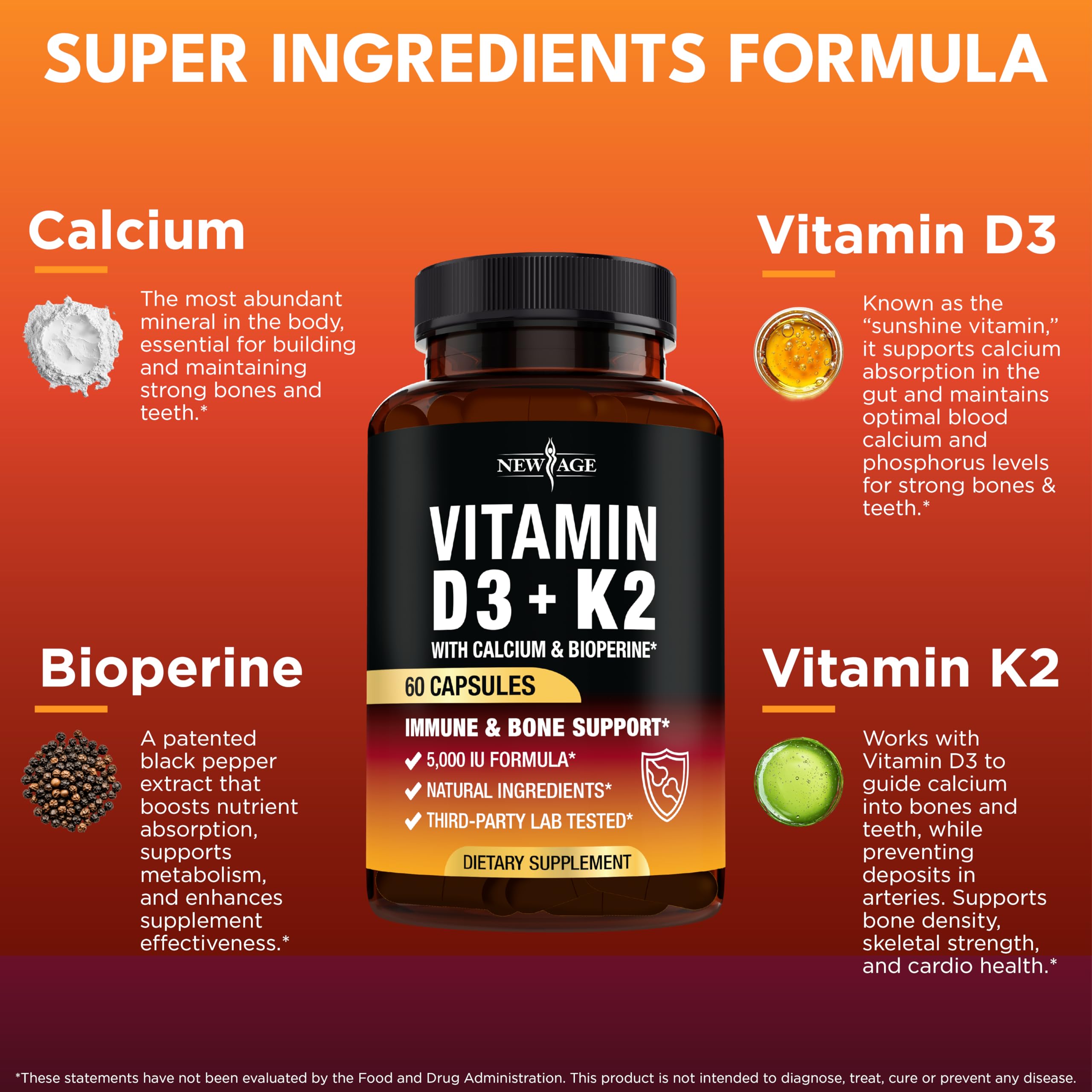 NEW AGE Vitamin D3 K2 capsules ready for daily wellness routine.