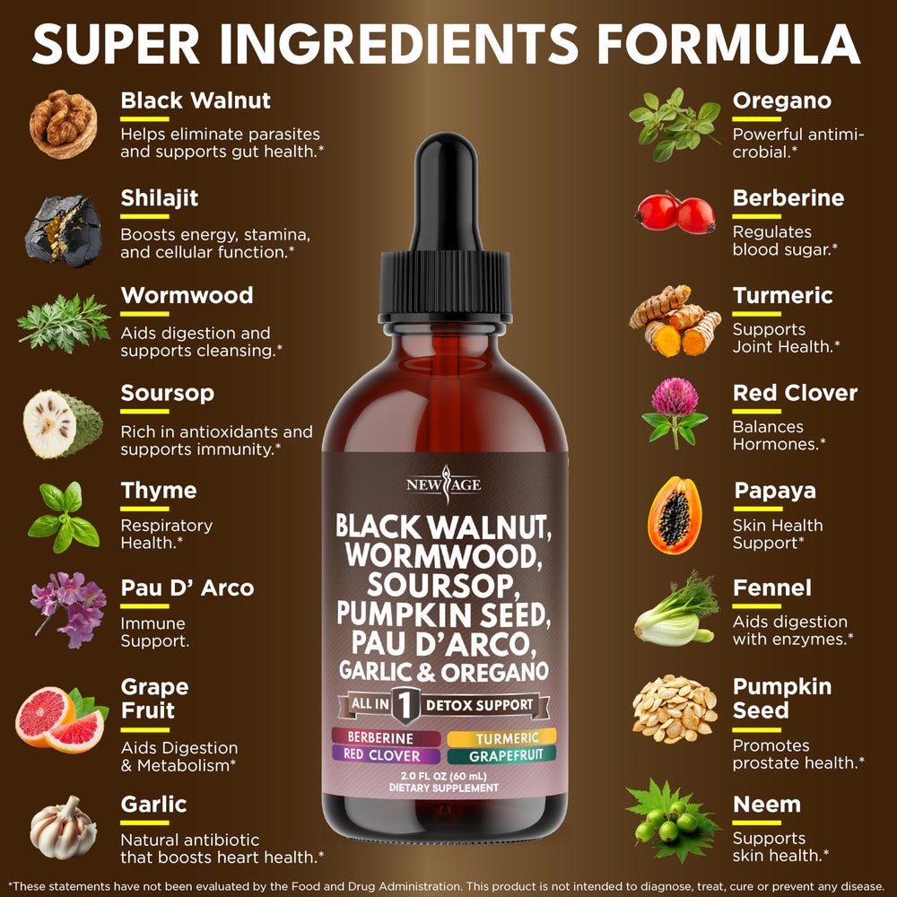 NEW AGE Wormwood Black Walnut extract drops closeup for wellness routine