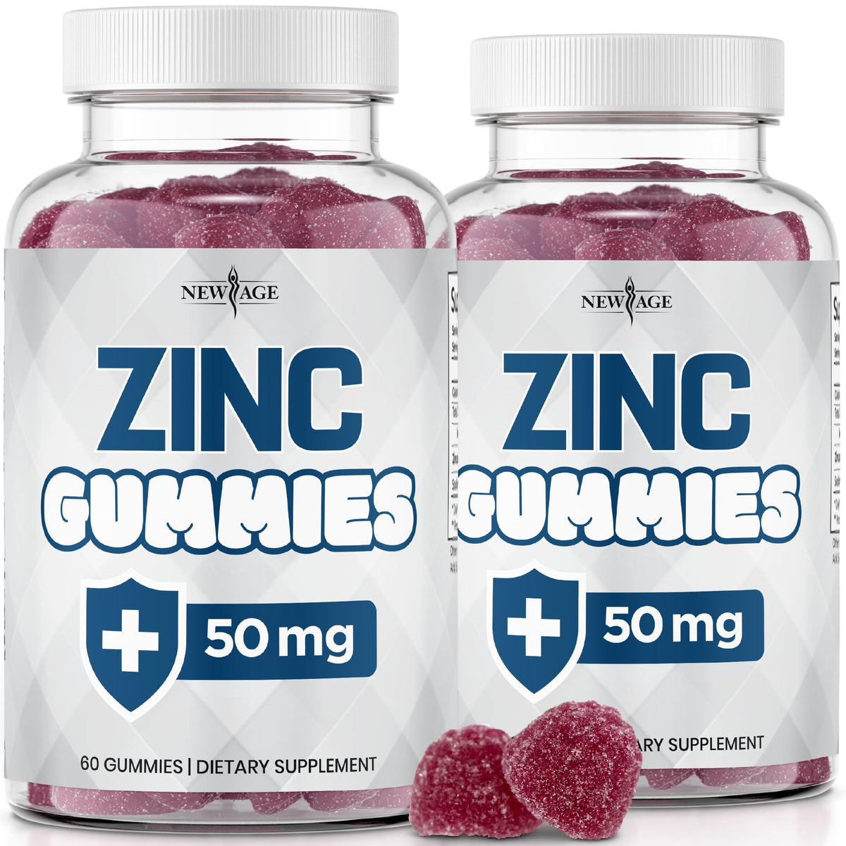 NEW AGE Zinc Gummies bottle front highlighting immune support potential.