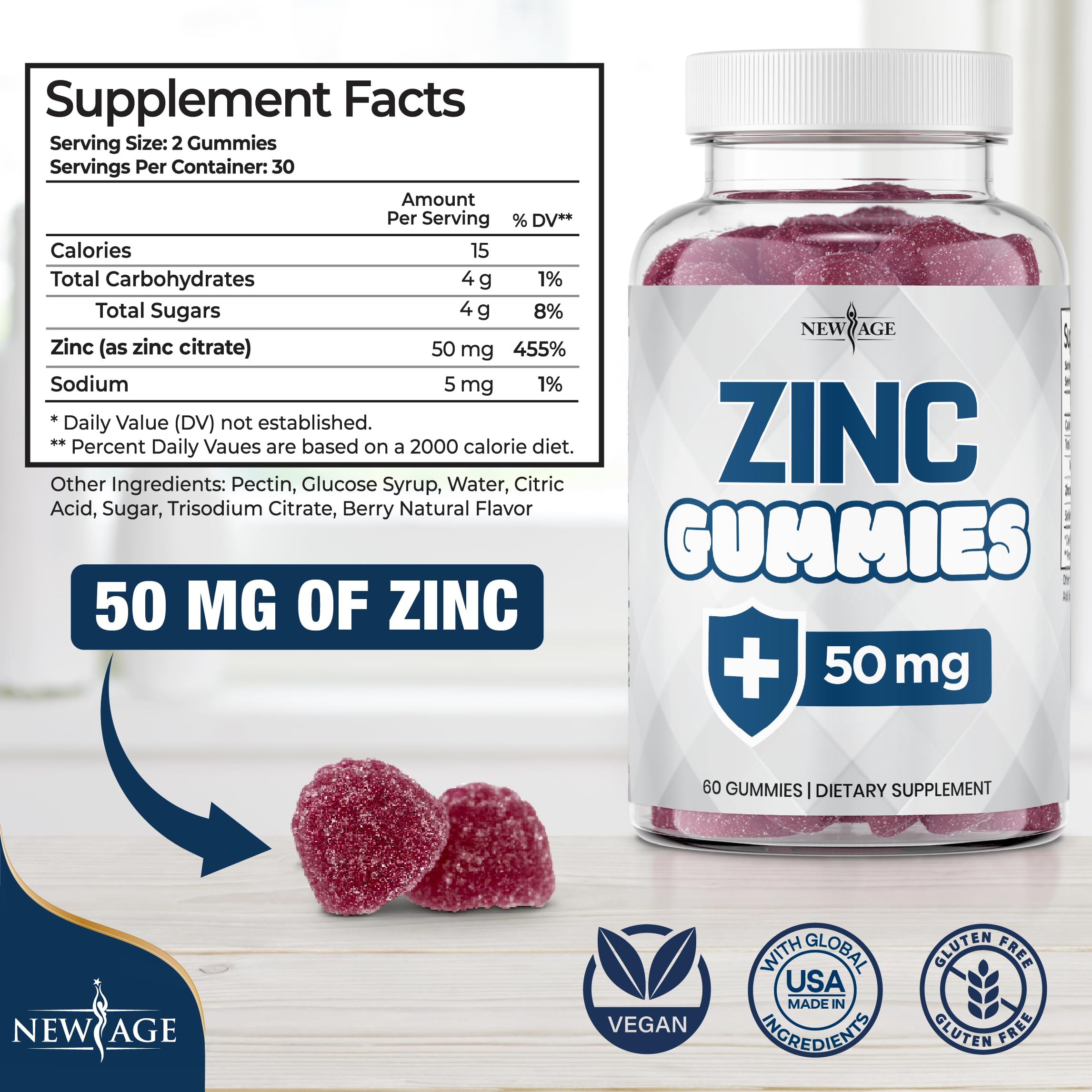 New Age Zinc Gummies bottle label shows 50 mg zinc per serving for wellness.