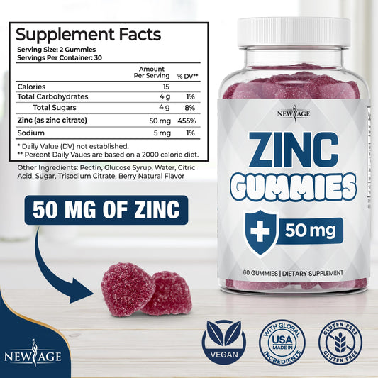 New Age Zinc Gummies bottle label shows 50 mg zinc per serving for wellness.