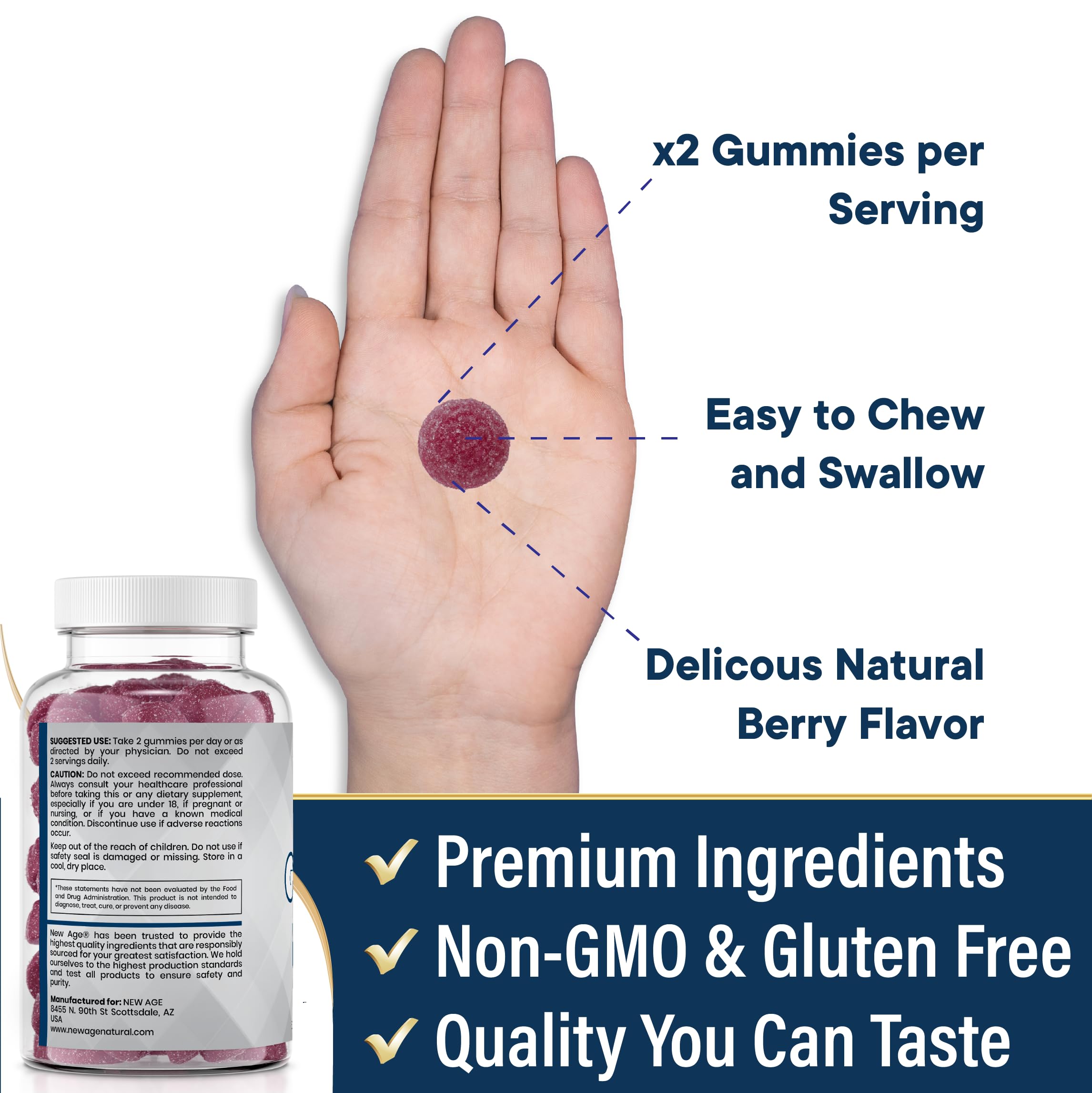 New Age Zinc Gummies packaging scene emphasizes allergen-free, clean label.