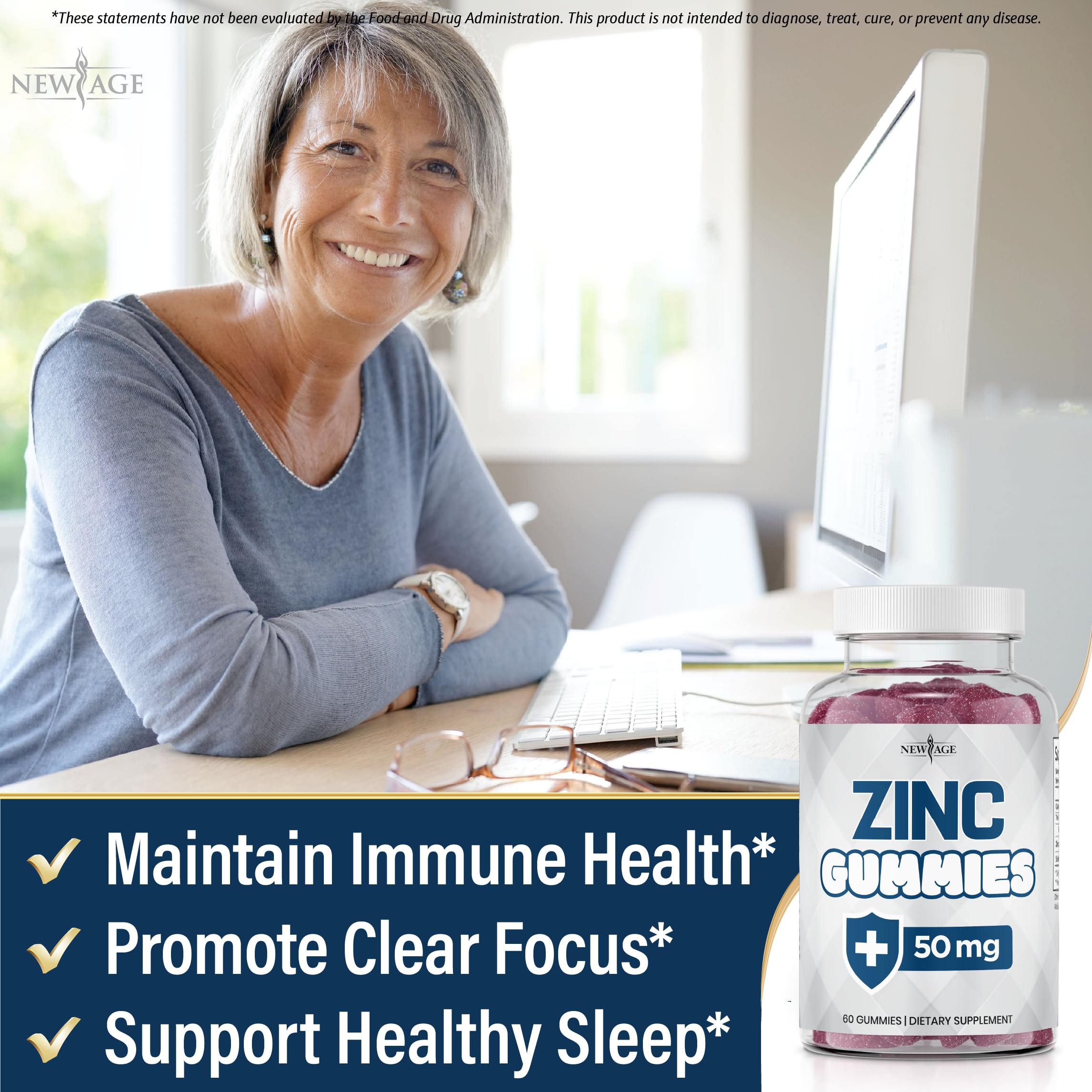New Age Zinc Gummies close-up reveals gummy texture and color.