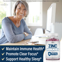 New Age Zinc Gummies close-up reveals gummy texture and color.