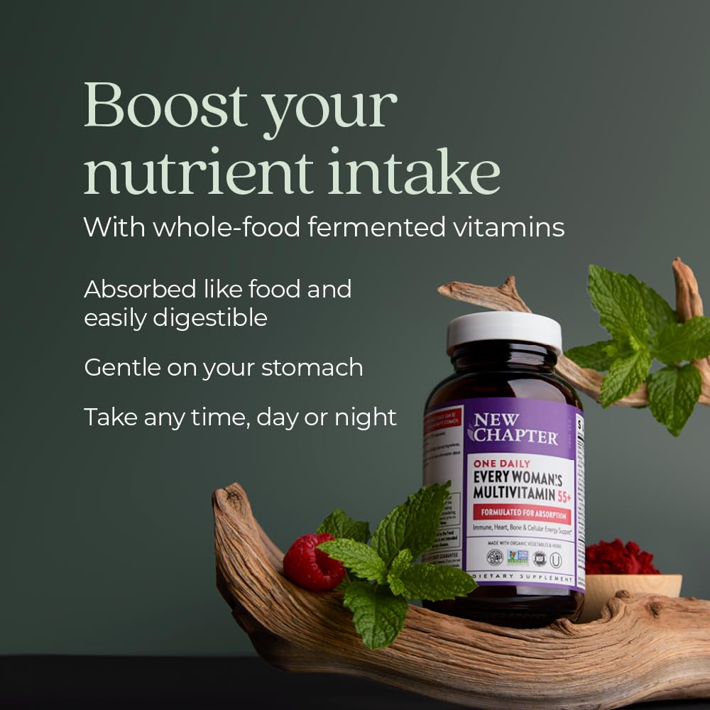 New Chapter 55+ fermented nutrients illustration emphasizing absorption-friendly formula.