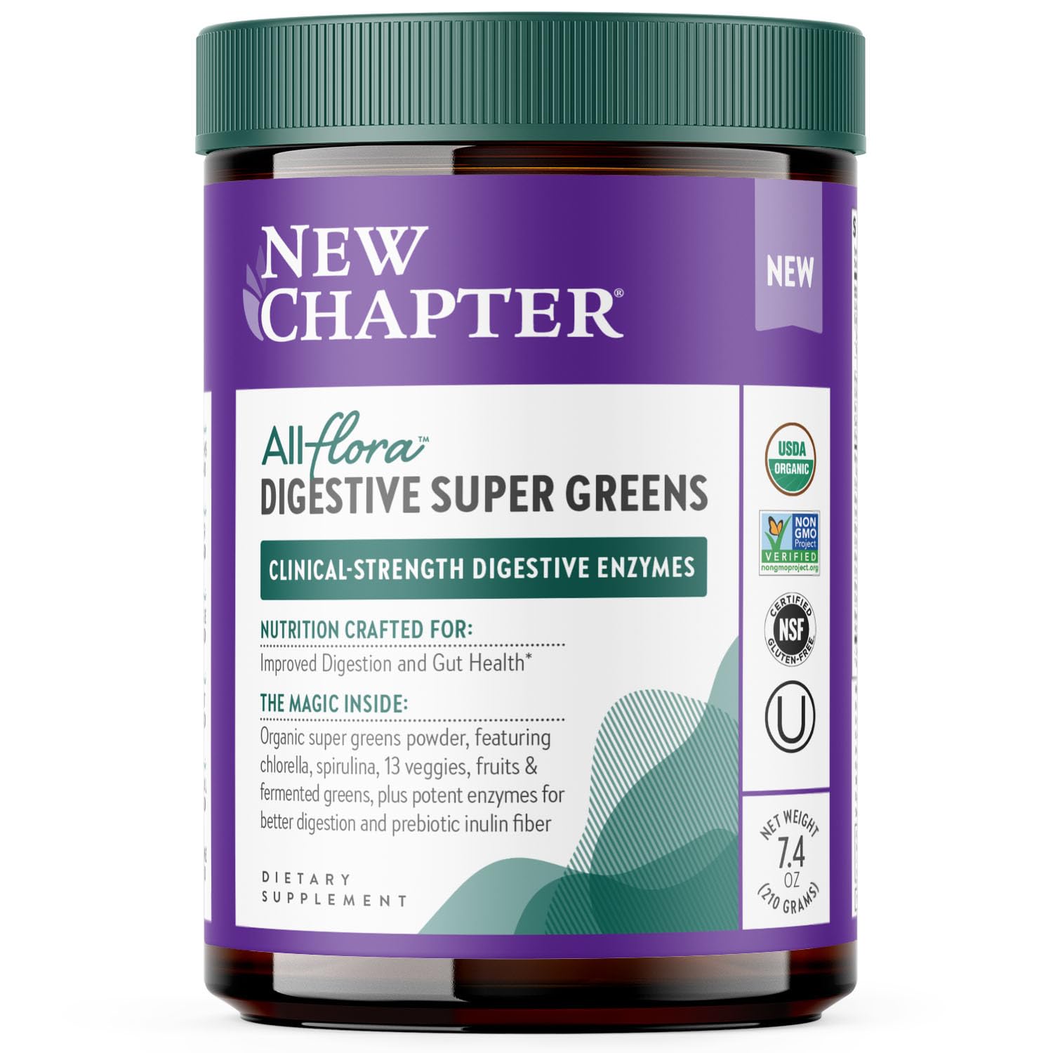 New Chapter All-Flora Digestive Super Greens bottle displays clinical-strength enzymes for digestion.