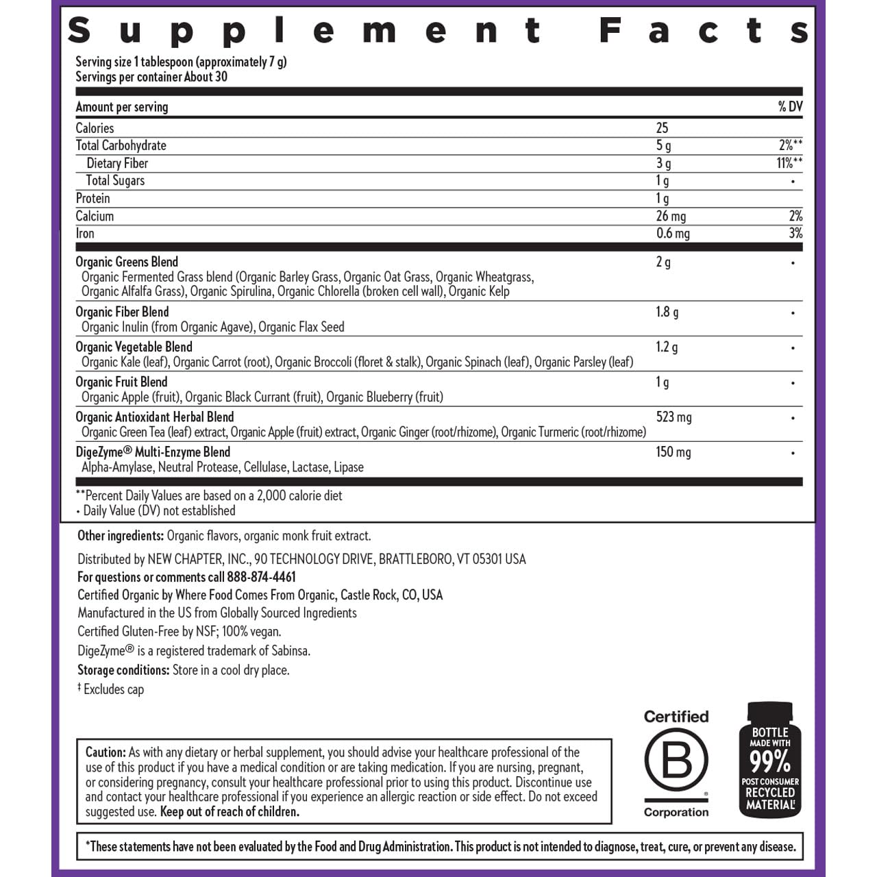 New Chapter All-Flora Digestive Super Greens blueberry and kale accents suggest flavor.