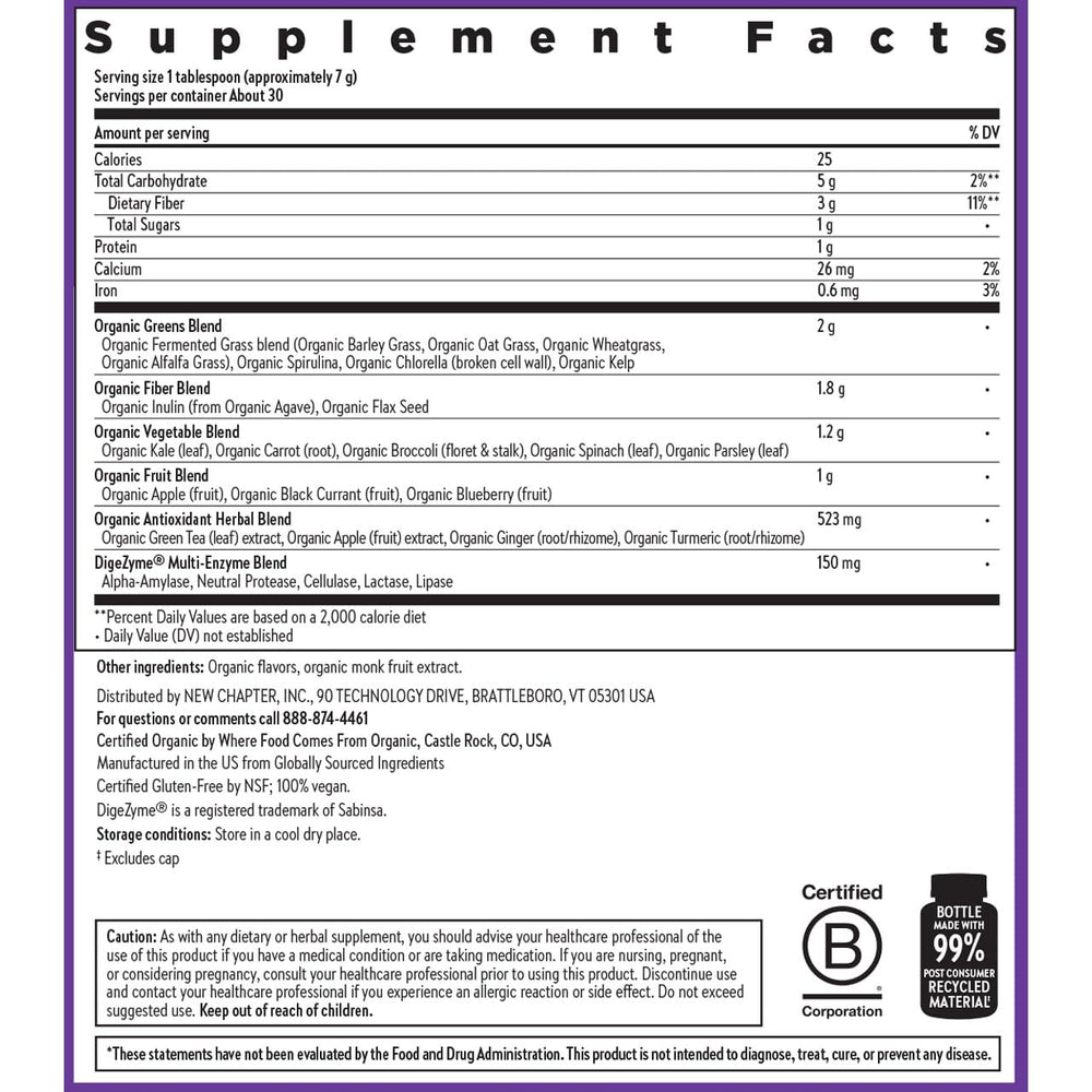 New Chapter All-Flora Digestive Super Greens blueberry and kale accents suggest flavor.