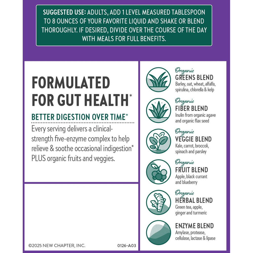 New Chapter All-Flora Digestive Super Greens jar on kitchen counter signals long-lasting supply.