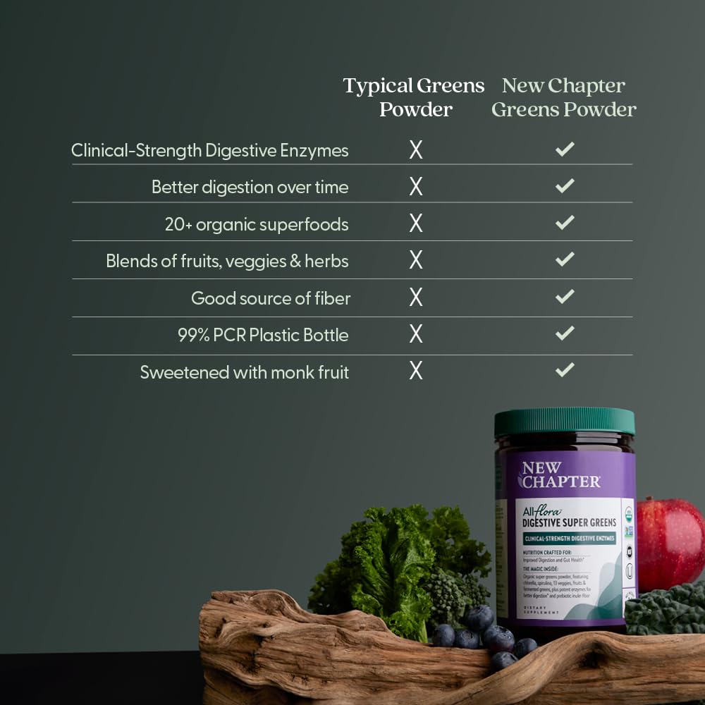 New Chapter All-Flora Digestive Super Greens label marks vegan and organic certifications.