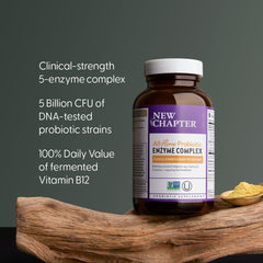 Probiotic bottle of New Chapter All-Flora Enzyme Complex highlighted for daily balance