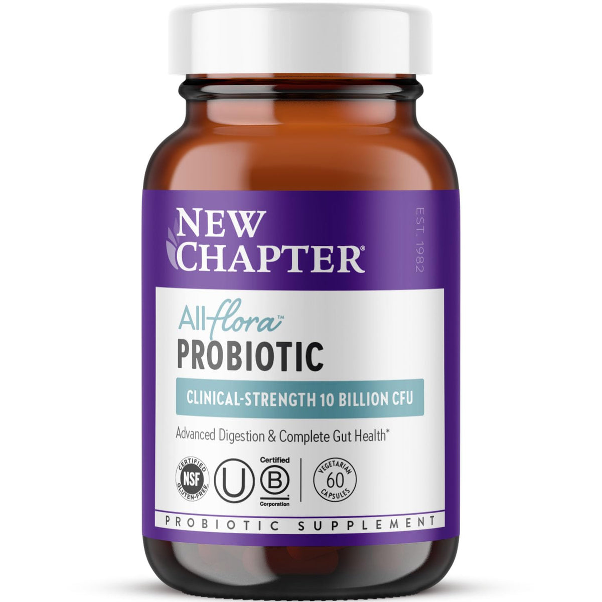 New Chapter All-Flora probiotic bottle label highlights clinical-strength strains for digestive support.