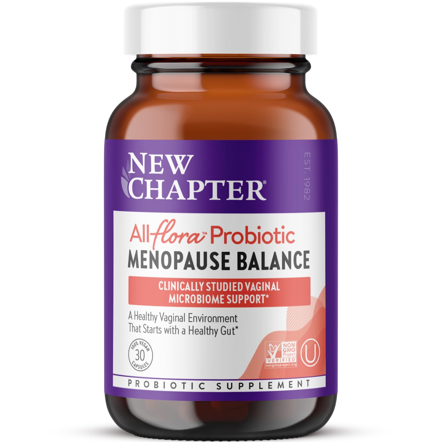 New Chapter All-Flora Probiotic Menopause Balance bottle supports vaginal microbiome health.