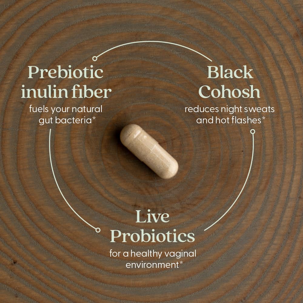 Front packaging of New Chapter All-Flora Probiotic Menopause Balance highlights vegan formula.