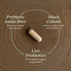 Front packaging of New Chapter All-Flora Probiotic Menopause Balance highlights vegan formula.