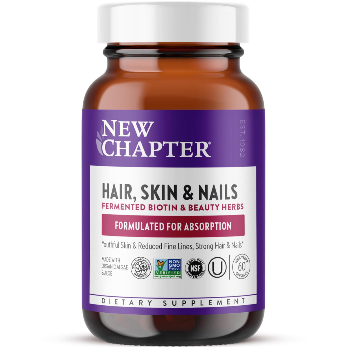 New Chapter biotin supplement bottle showing vegan formula for daily beauty.