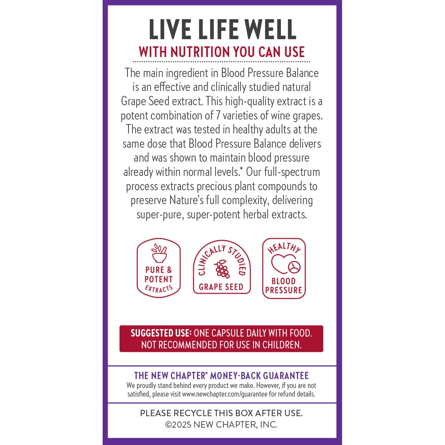 New Chapter Blood Pressure Take Care vegan certification indicates plant-based, gluten-free wellness support.