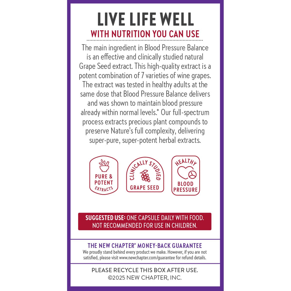 New Chapter Blood Pressure Take Care vegan certification indicates plant-based, gluten-free wellness support.