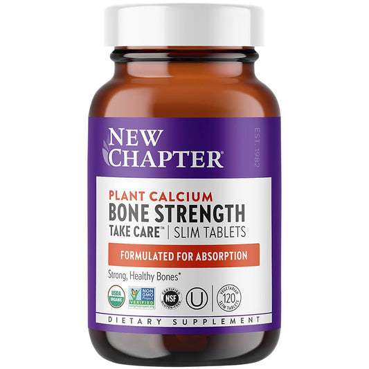 New Chapter Bone Strength bottle front shows organic calcium for bone support
