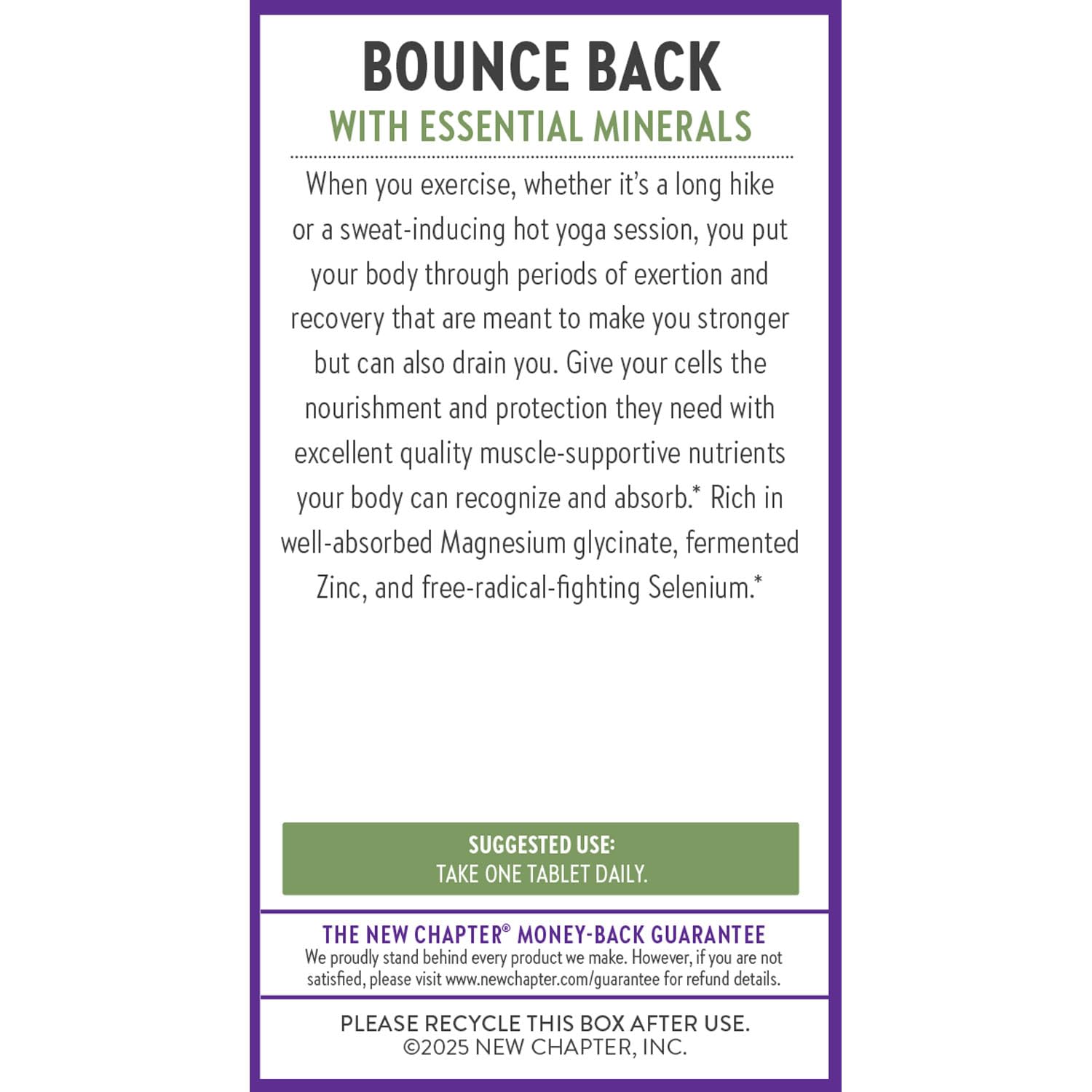 New Chapter bottle label with certifications and ingredients—trusted quality for active lifestyles.