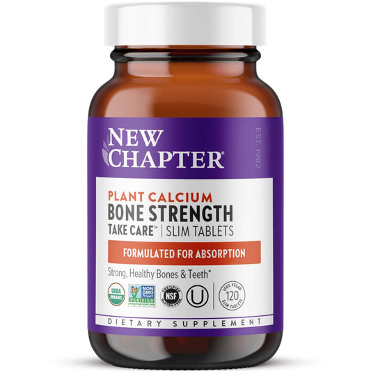 New Chapter calcium bottle front view promoting bone strength with plant-based formula.