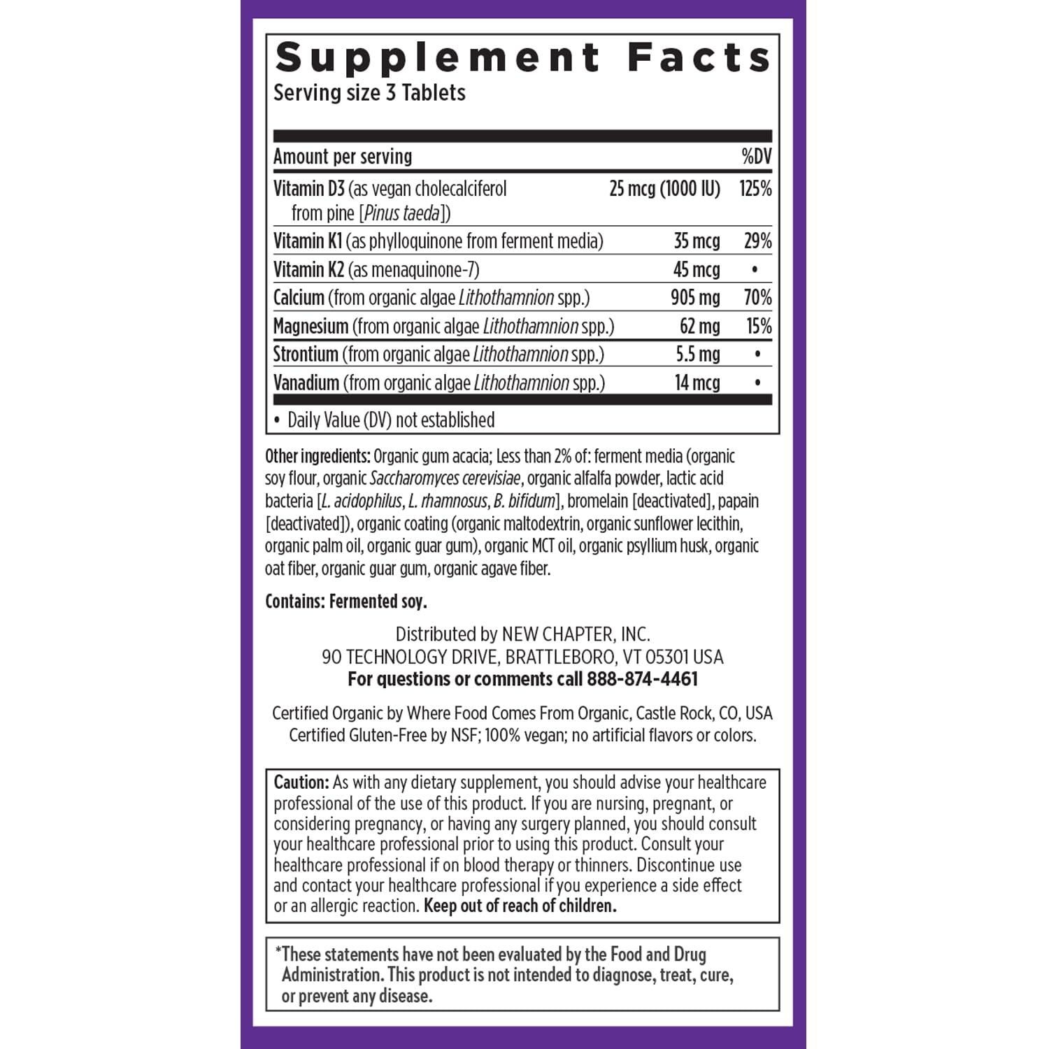 New Chapter Calcium packaging box image highlights organic and vegan certifications