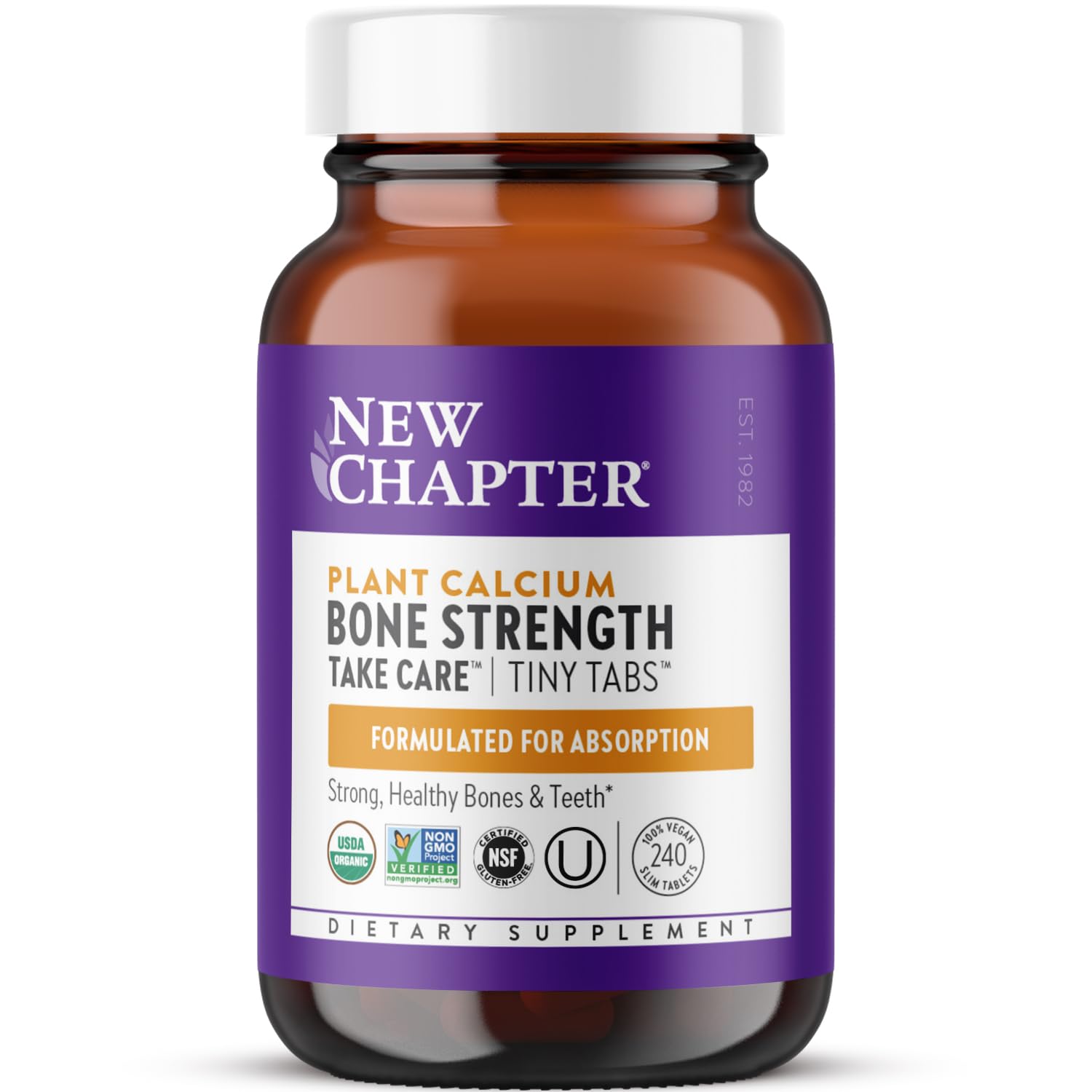 New Chapter calcium tiny tabs bottle shows easy-to-swallow daily bone support.